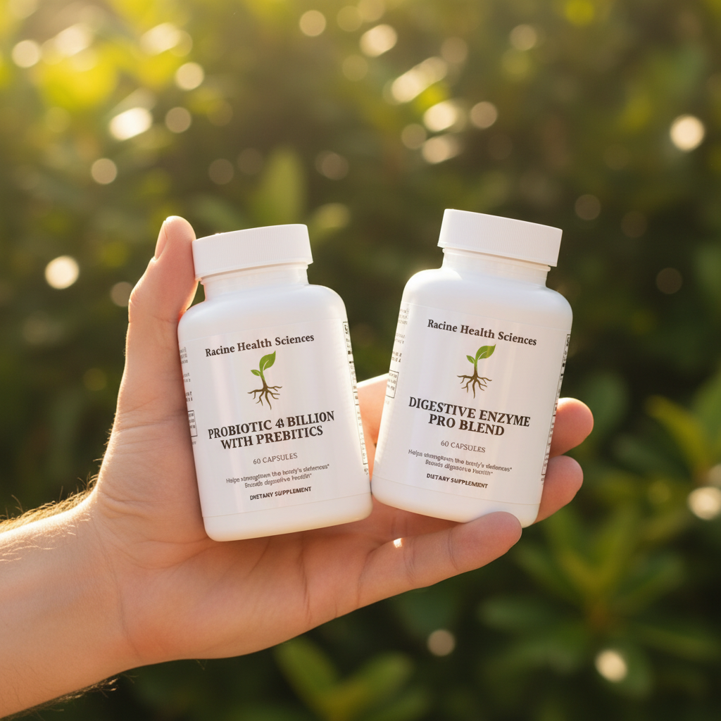 Hand holding both Racine Health Sciences bundle bottles outdoors